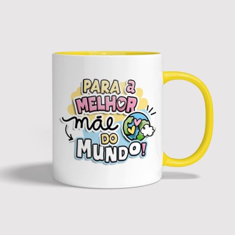 Caneca branca com interior e pega amarela, "Melhor mãe do mundo"